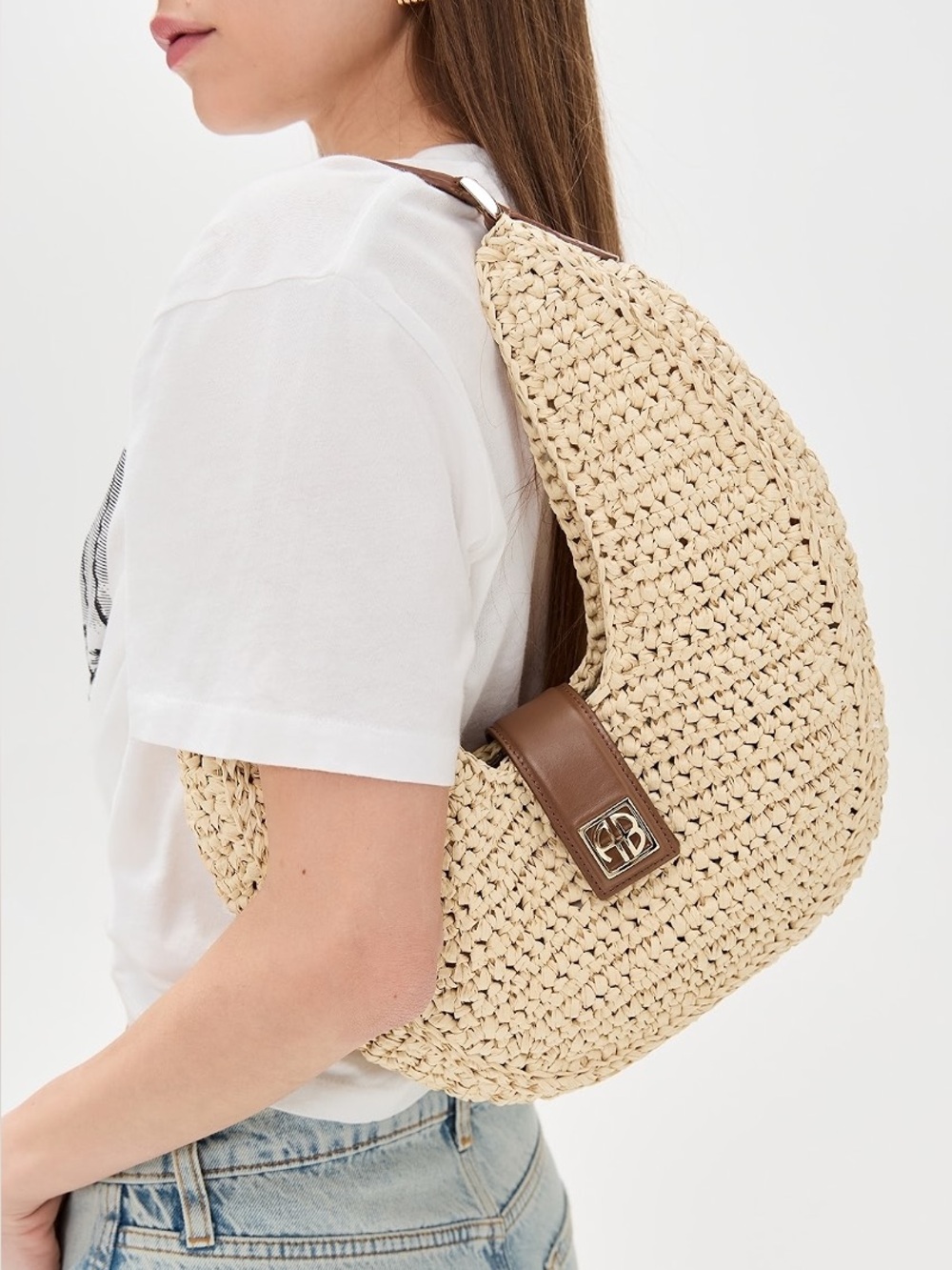 Anine Bing Raffia Lou Shoulder Bag Monogram NWT - Picture 3 of 11